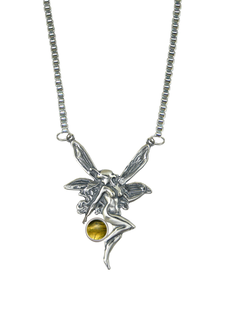 Sterling Silver Victorian Winged Fairy Necklace With Citrine